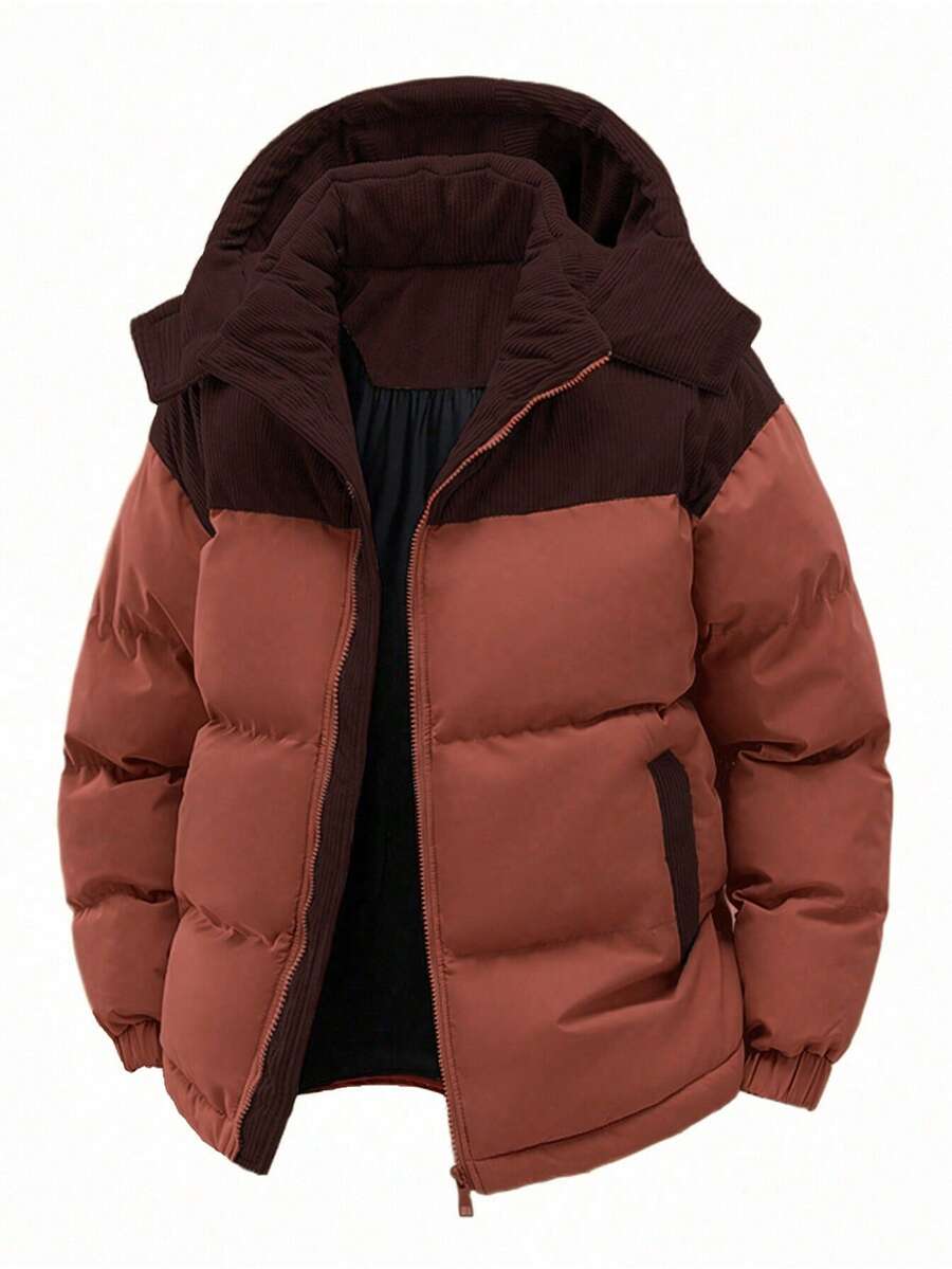 Men's Autumn/Winter Color Block Thickened Warm Hooded Padded Coat
