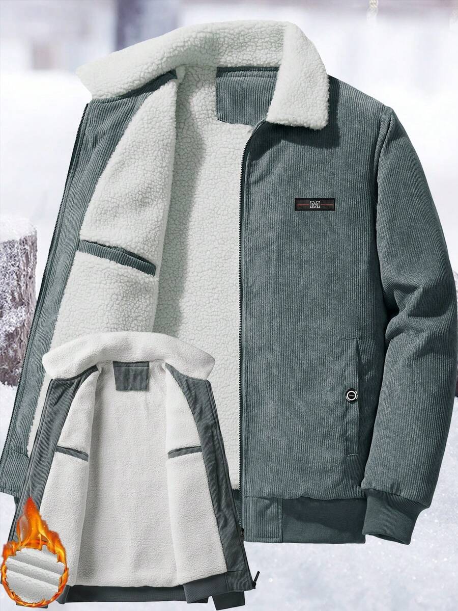 Manfinity Homme Men's Corduroy Thickened -Padded Coat For Autumn & Winter Men Winter Jacket Blue Corduroy Jacket Fleece Jacket Men Men Corduroy Jacket Men Thermal Lined Corduroy Jacket