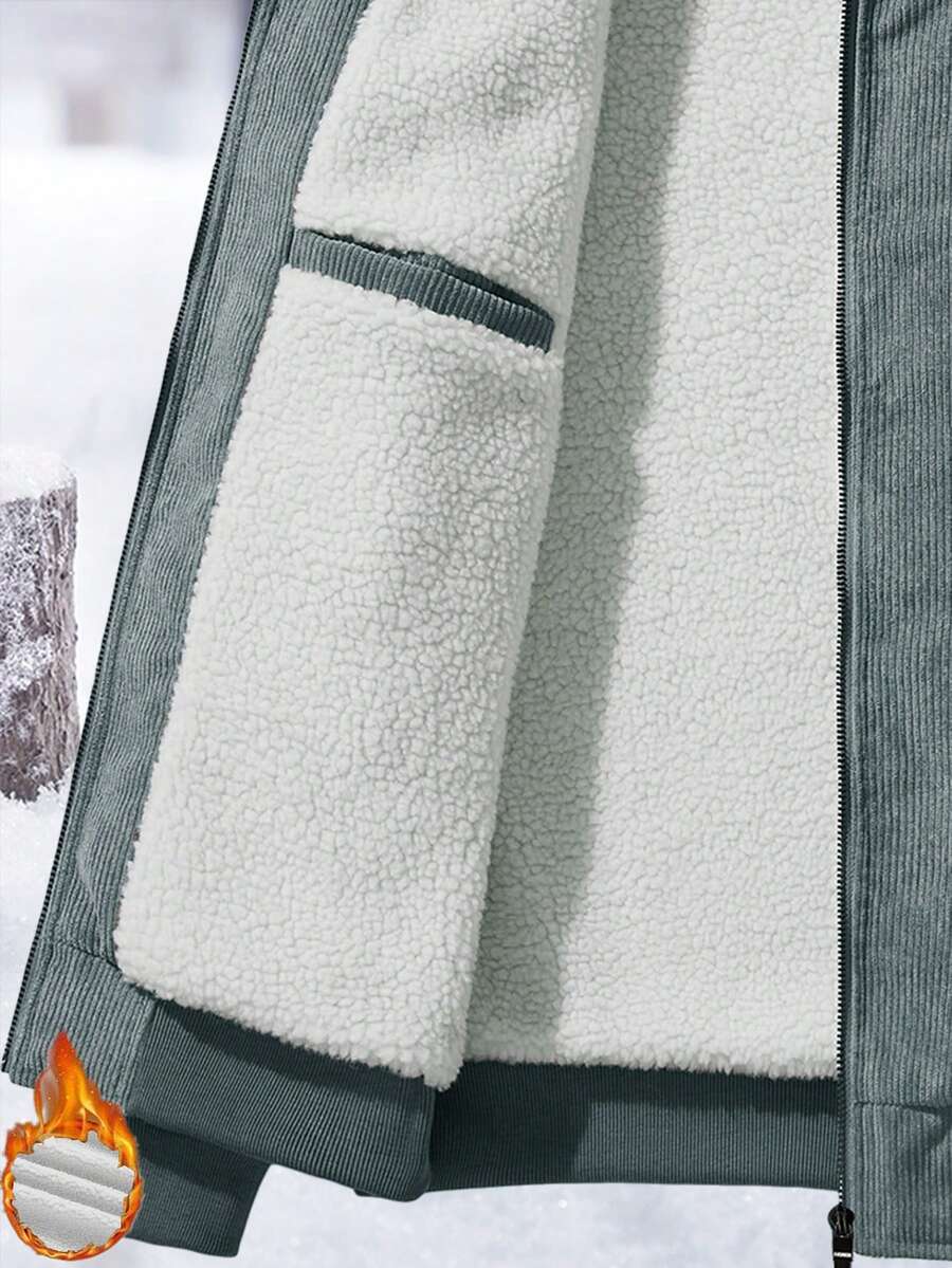 Manfinity Homme Men's Corduroy Thickened -Padded Coat For Autumn & Winter Men Winter Jacket Blue Corduroy Jacket Fleece Jacket Men Men Corduroy Jacket Men Thermal Lined Corduroy Jacket