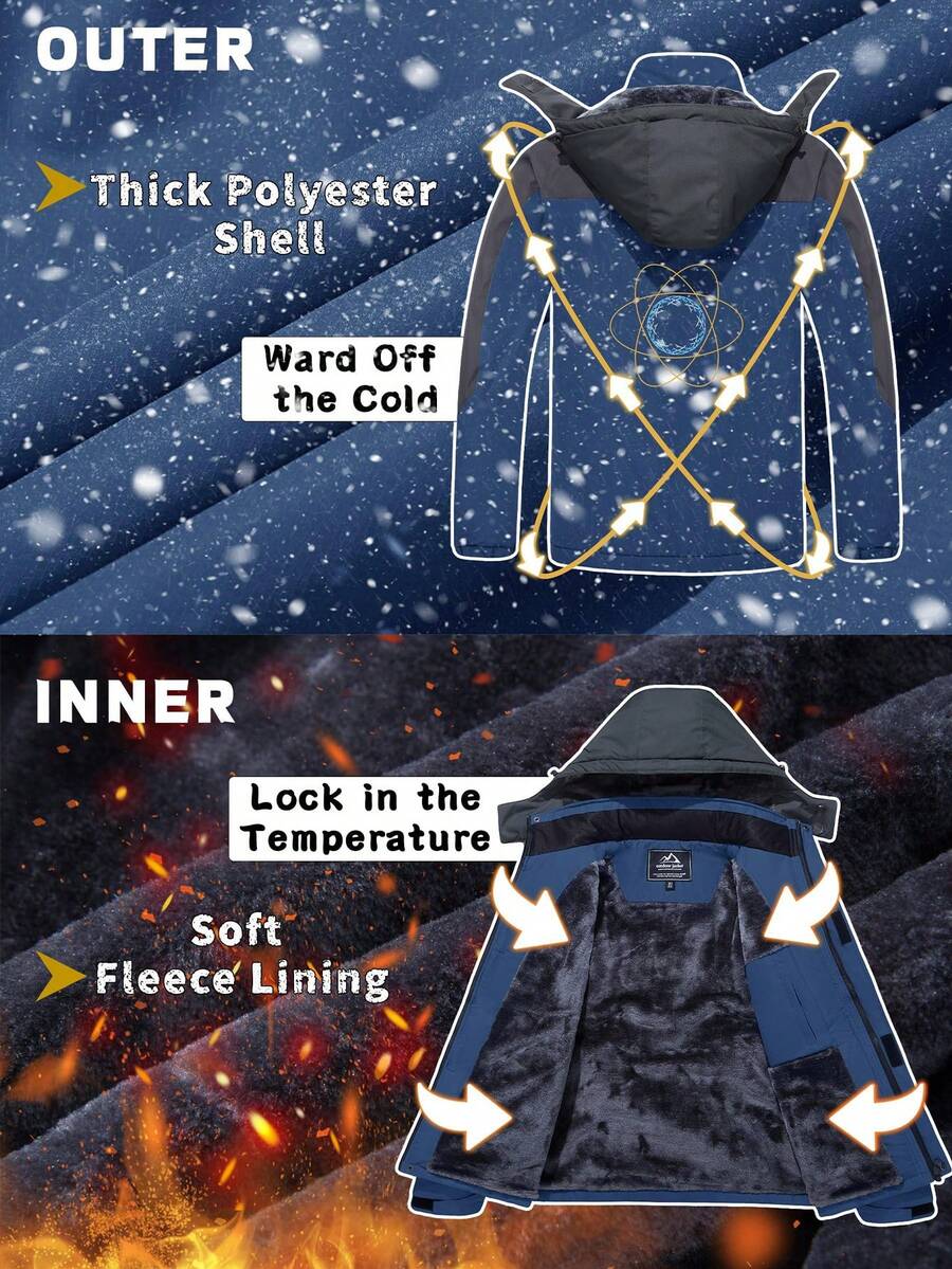 NASBING Men's Winter Ski Jacket Water Resistant Windproof Snowboard Thermal Lined Hooded Winter Clothes 4 Pockets Parka Hiking Camping Climbing,Fleece,Skiing