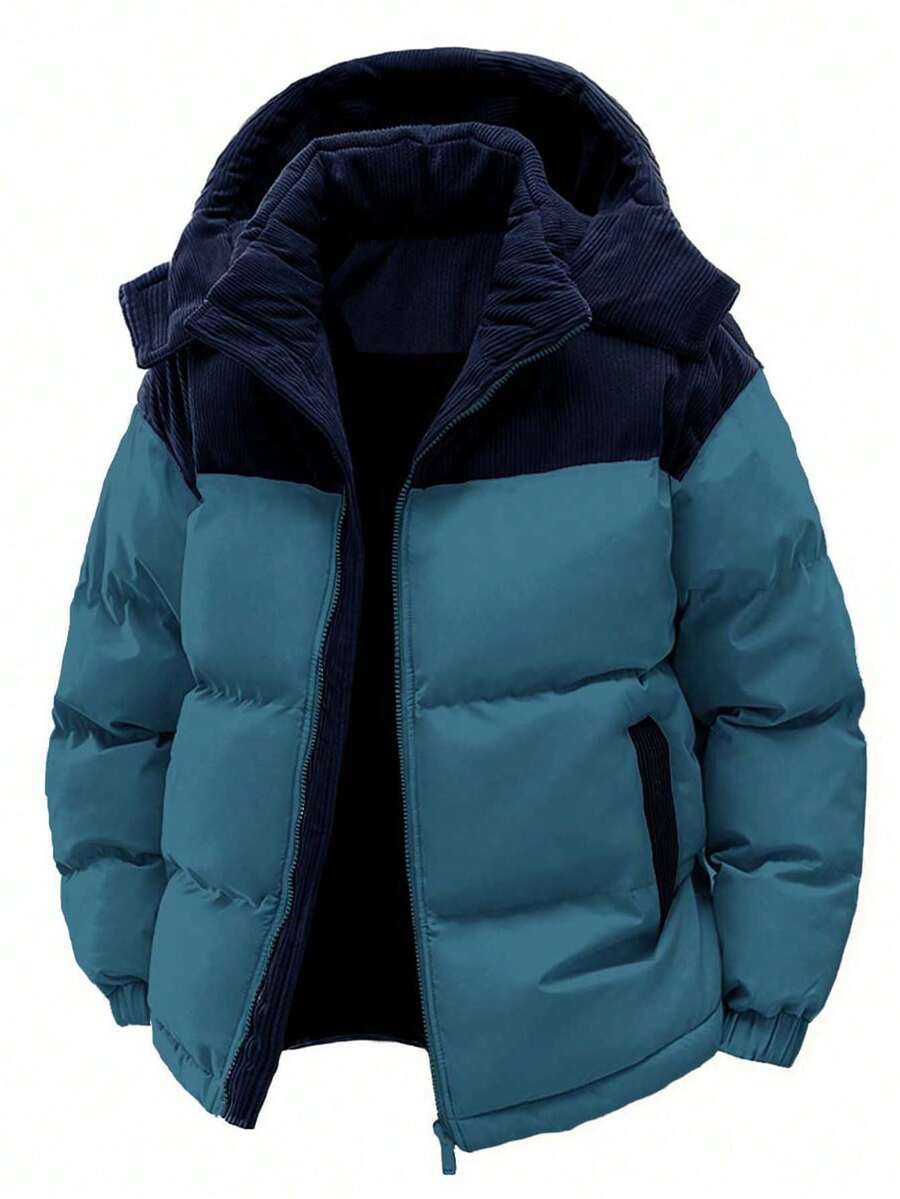 Men's Autumn/Winter Color Block Thickened Warm Hooded Padded Coat