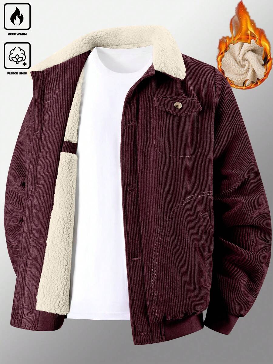 Manfinity Homme Men's Corduroy Thickened -Padded Coat For Autumn & Winter Men Winter Jacket Blue Corduroy Jacket Fleece Jacket Men Men Corduroy Jacket Men Thermal Lined Corduroy Jacket