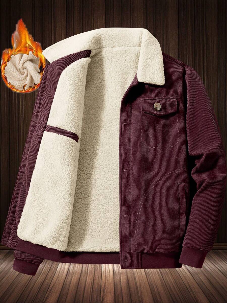 Manfinity Homme Men's Corduroy Thickened -Padded Coat For Autumn & Winter Men Winter Jacket Blue Corduroy Jacket Fleece Jacket Men Men Corduroy Jacket Men Thermal Lined Corduroy Jacket