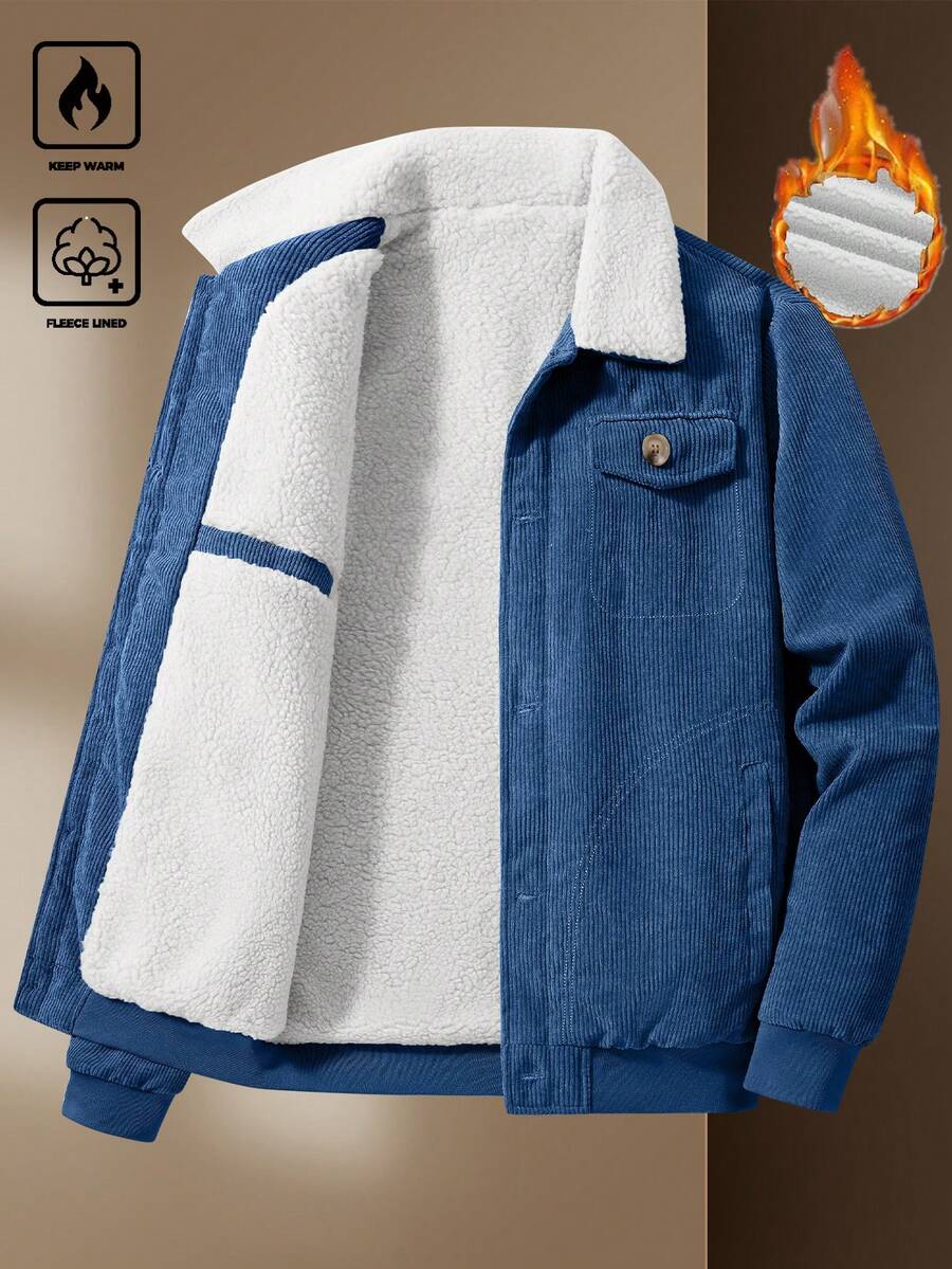 Manfinity Homme Men's Corduroy Thickened -Padded Coat For Autumn & Winter Men Winter Jacket Blue Corduroy Jacket Fleece Jacket Men Men Corduroy Jacket Men Thermal Lined Corduroy Jacket