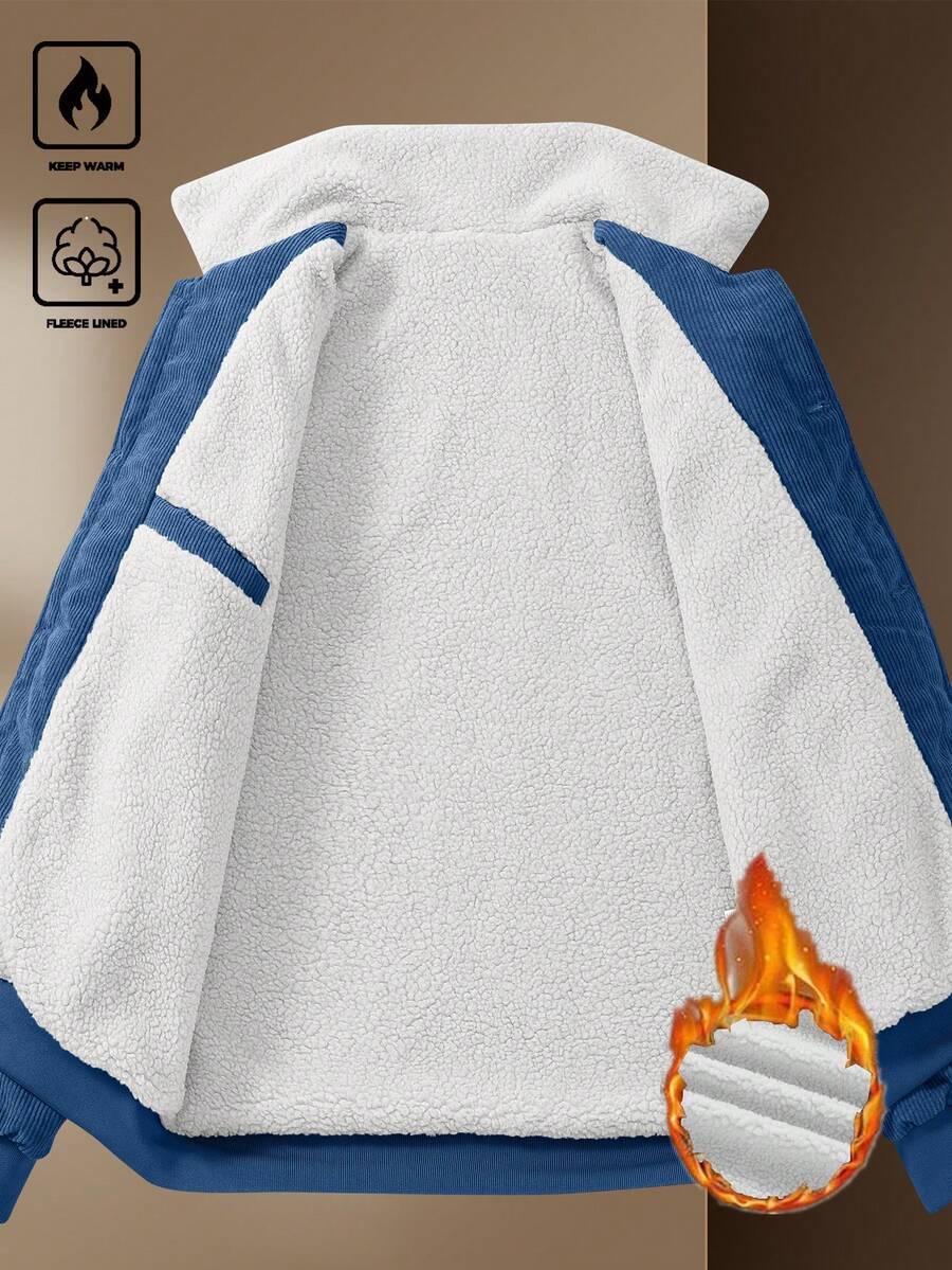 Manfinity Homme Men's Corduroy Thickened -Padded Coat For Autumn & Winter Men Winter Jacket Blue Corduroy Jacket Fleece Jacket Men Men Corduroy Jacket Men Thermal Lined Corduroy Jacket