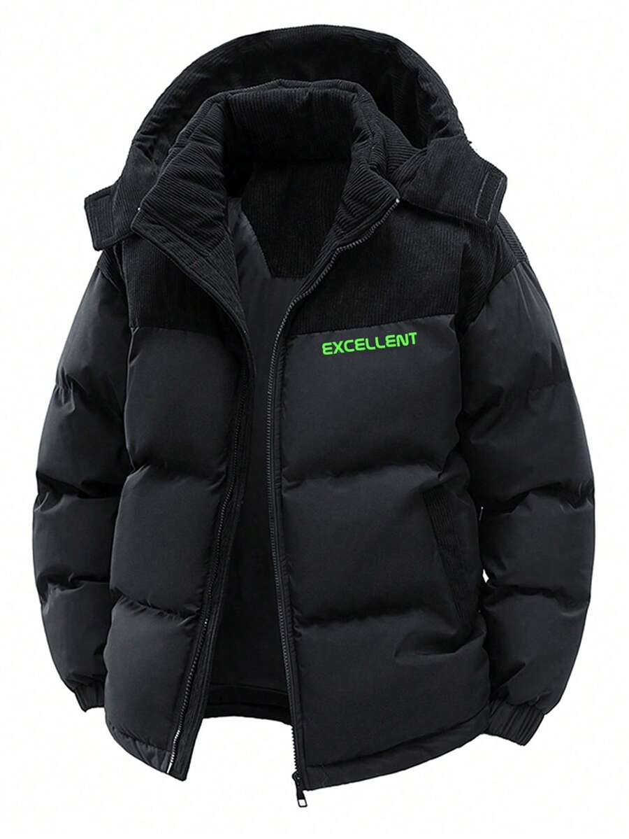 Men's Autumn/Winter Color Block Thickened Warm Hooded Padded Coat
