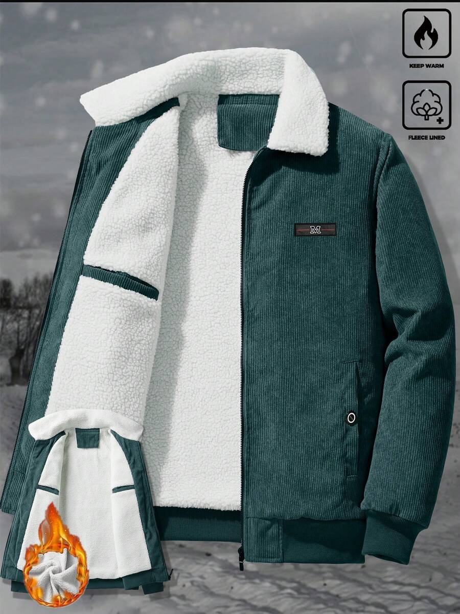 Manfinity Homme Men's Corduroy Thickened -Padded Coat For Autumn & Winter Men Winter Jacket Blue Corduroy Jacket Fleece Jacket Men Men Corduroy Jacket Men Thermal Lined Corduroy Jacket