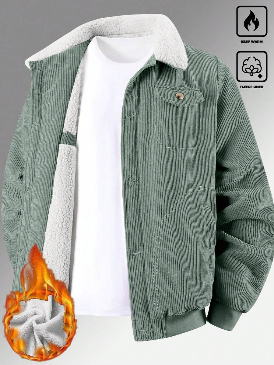 Manfinity Homme Men's Corduroy Thickened -Padded Coat For Autumn & Winter Men Winter Jacket Blue Corduroy Jacket Fleece Jacket Men Men Corduroy Jacket Men Thermal Lined Corduroy Jacket