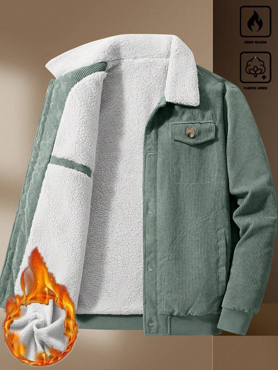 Manfinity Homme Men's Corduroy Thickened -Padded Coat For Autumn & Winter Men Winter Jacket Blue Corduroy Jacket Fleece Jacket Men Men Corduroy Jacket Men Thermal Lined Corduroy Jacket