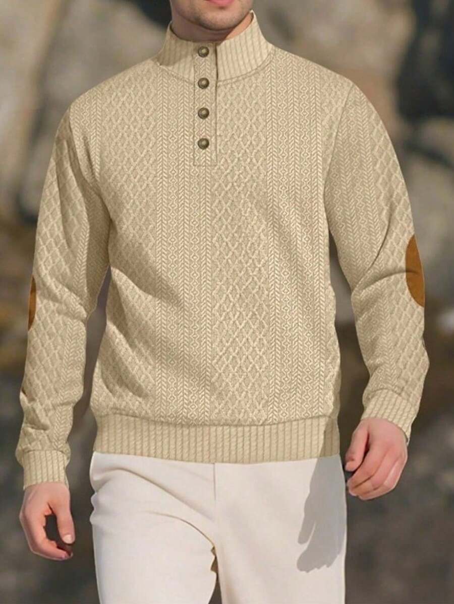 Men's Jacquard Knit Long Sleeve Top, Autumn/Winter Minimalist Stand Collar Undershirt, Solid Color Pullover T-Shirt, Men's Long Sleeve T-Shirt, Holiday Gift For Boyfriend